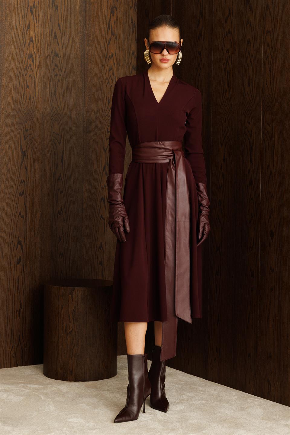 Deri Kuşaklı Örme Elbise BORDO