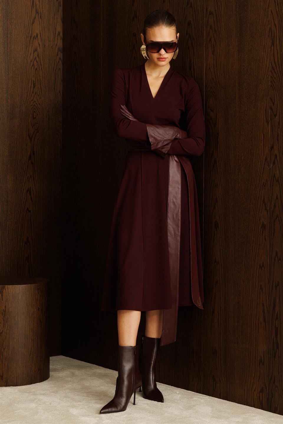 Deri Kuşaklı Örme Elbise BORDO