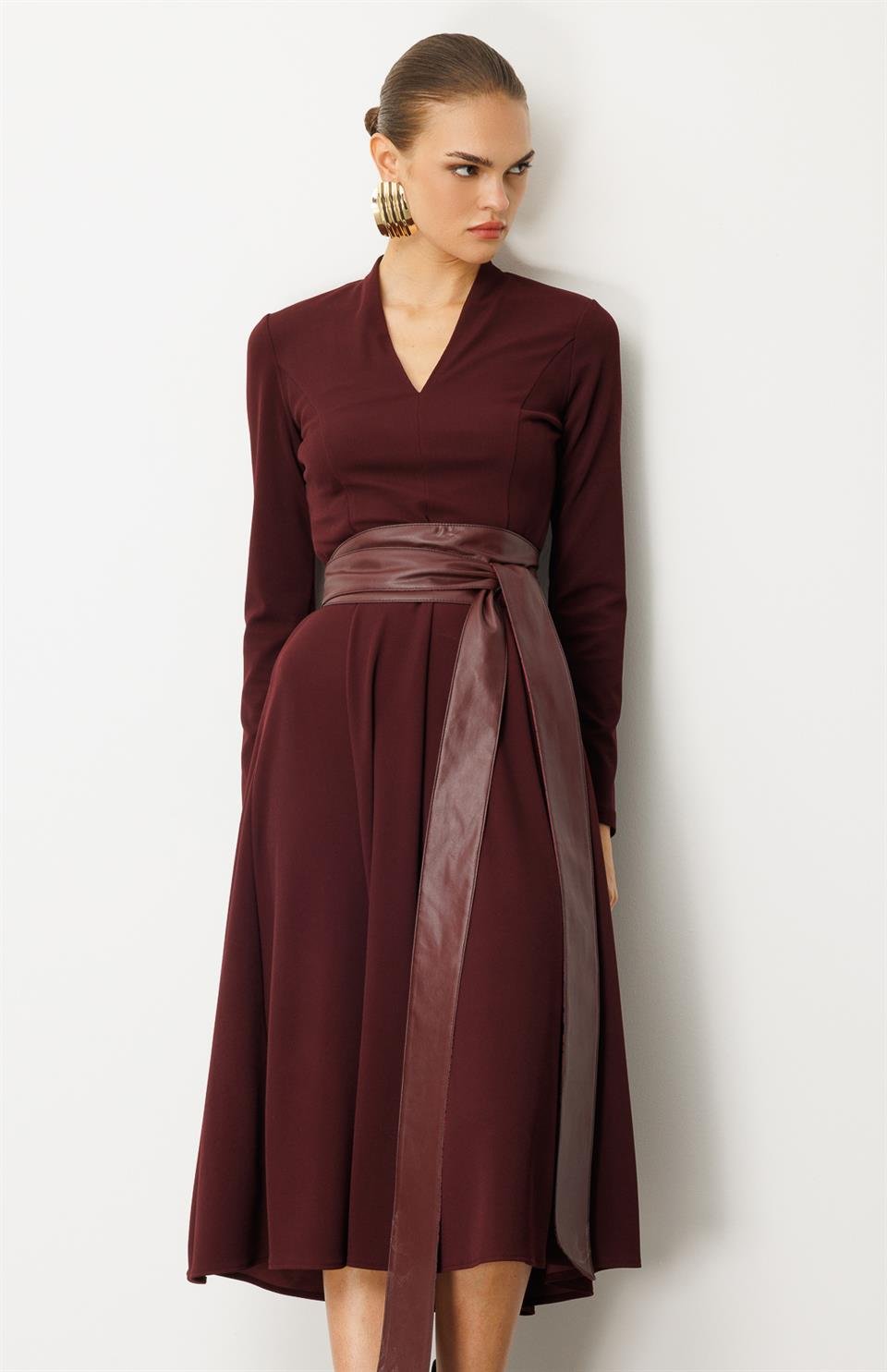 Deri Kuşaklı Örme Elbise BORDO