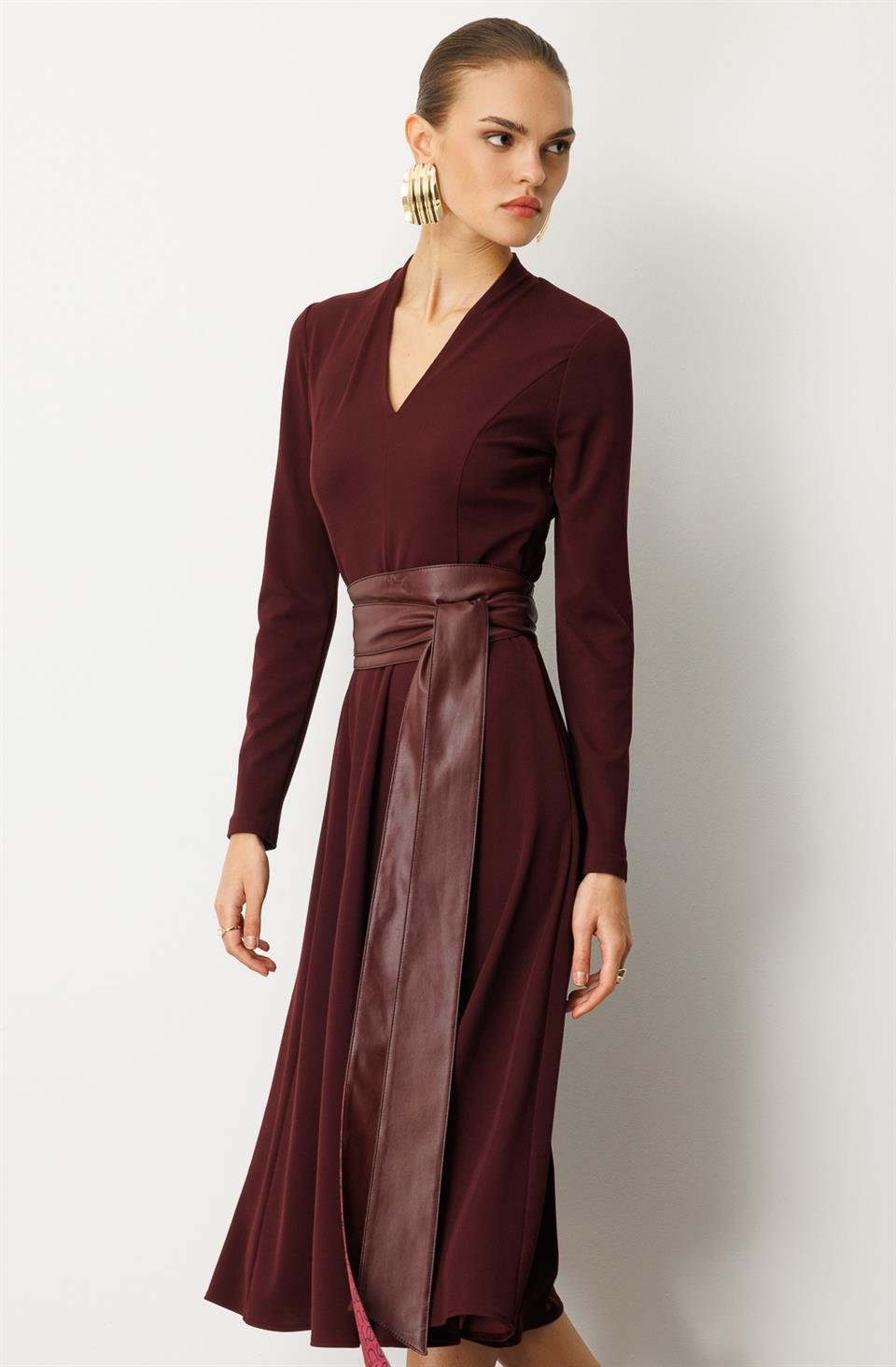 Deri Kuşaklı Örme Elbise BORDO