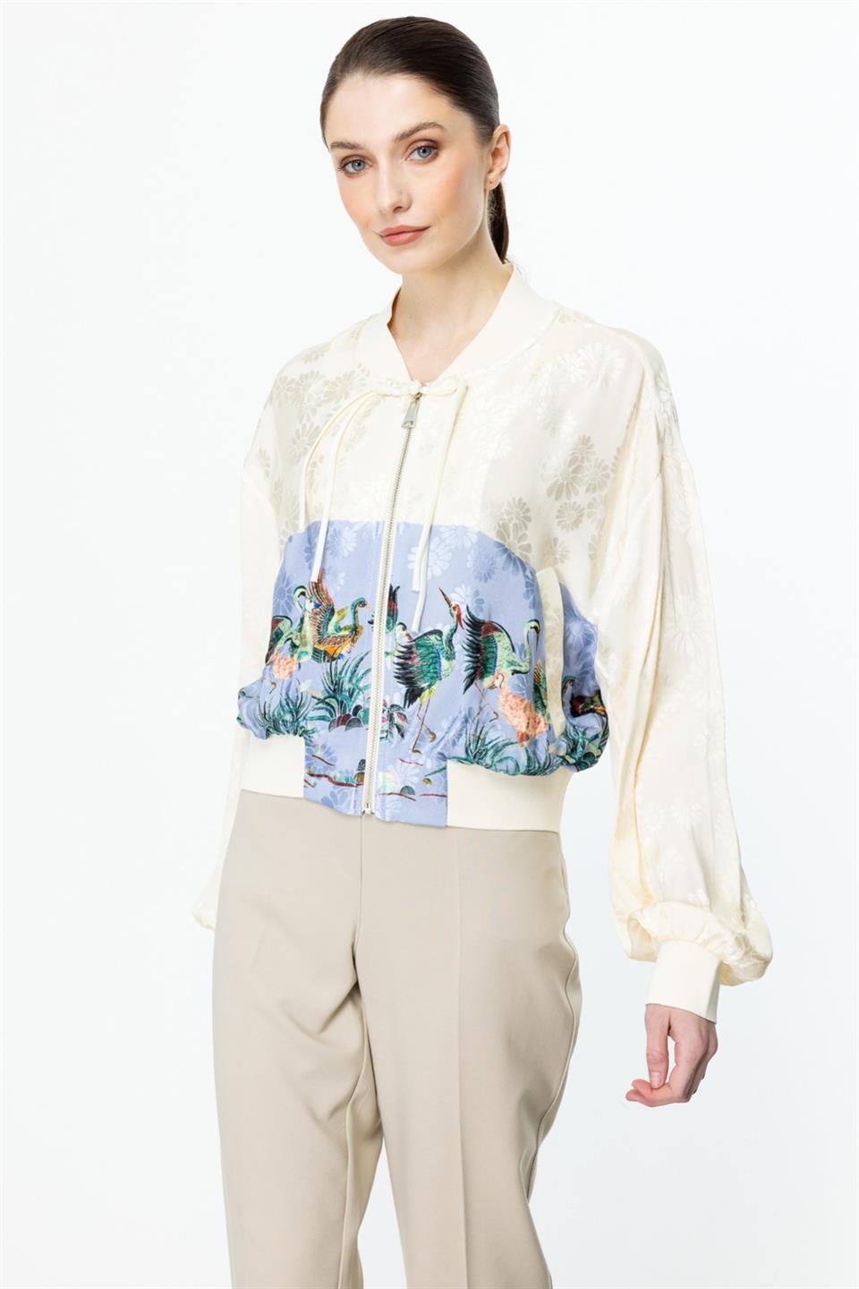 Desenli Parlak Kumaş Ribanalı Ceket MAVİ