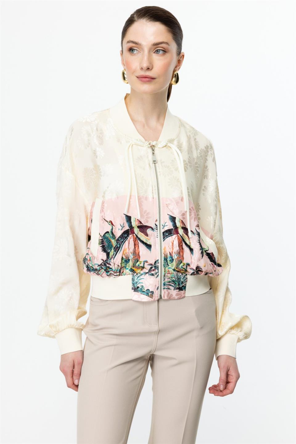 Desenli Parlak Kumaş Ribanalı Ceket PEMBE