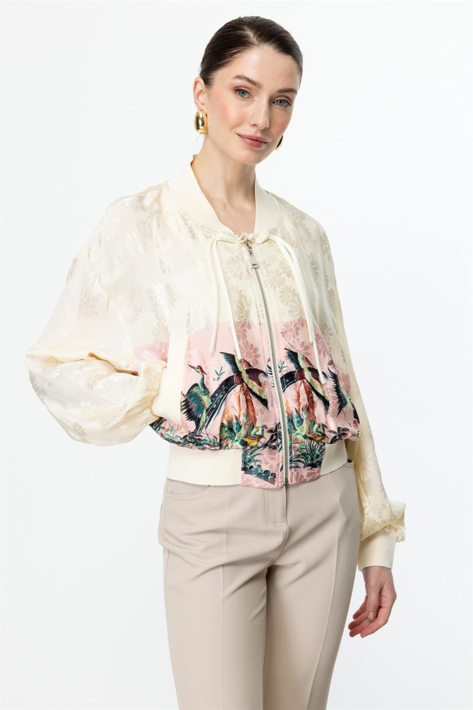 Desenli Parlak Kumaş Ribanalı Ceket PEMBE