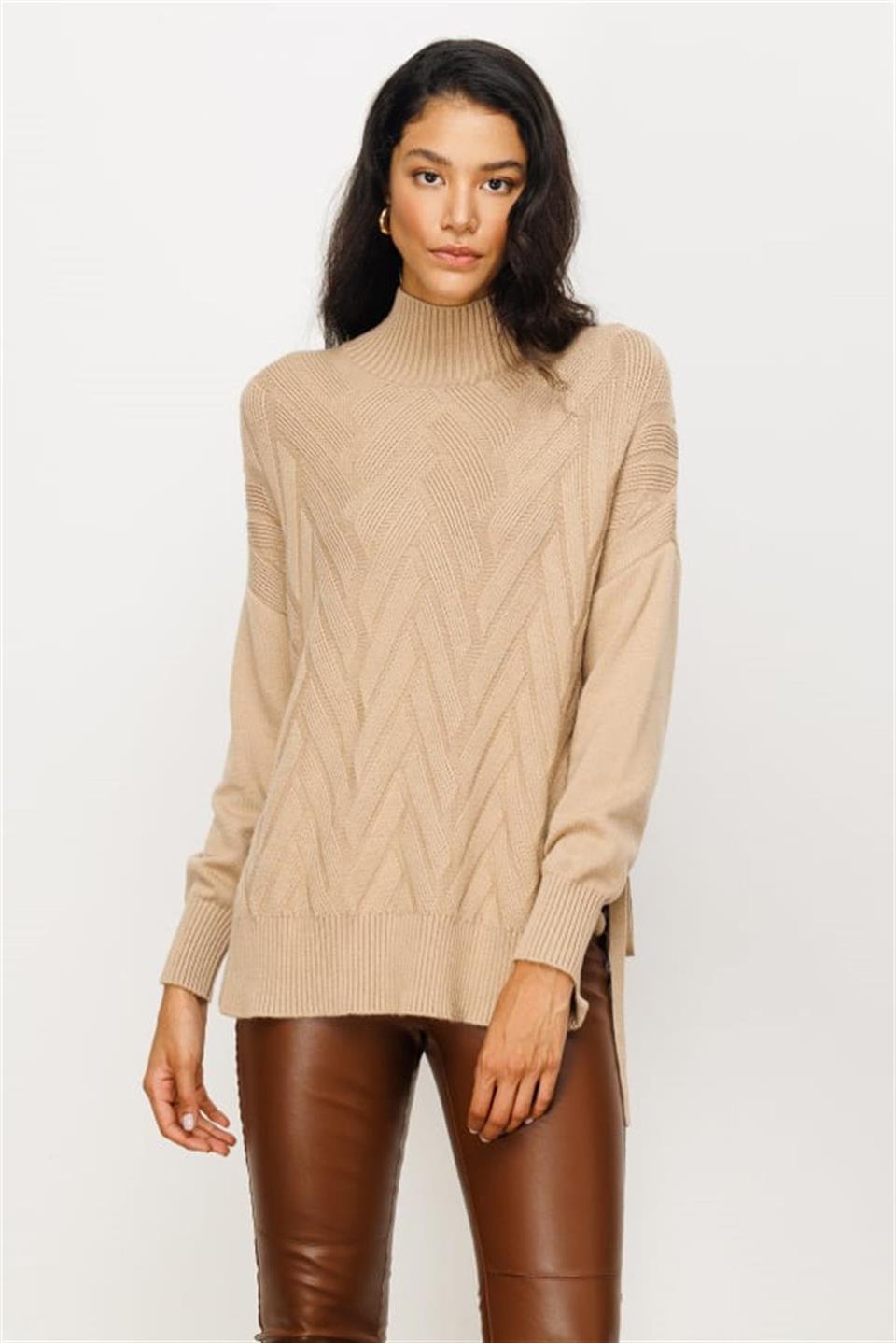 DİK YAKA YANI BAGCIKLI KAZAK VİZON