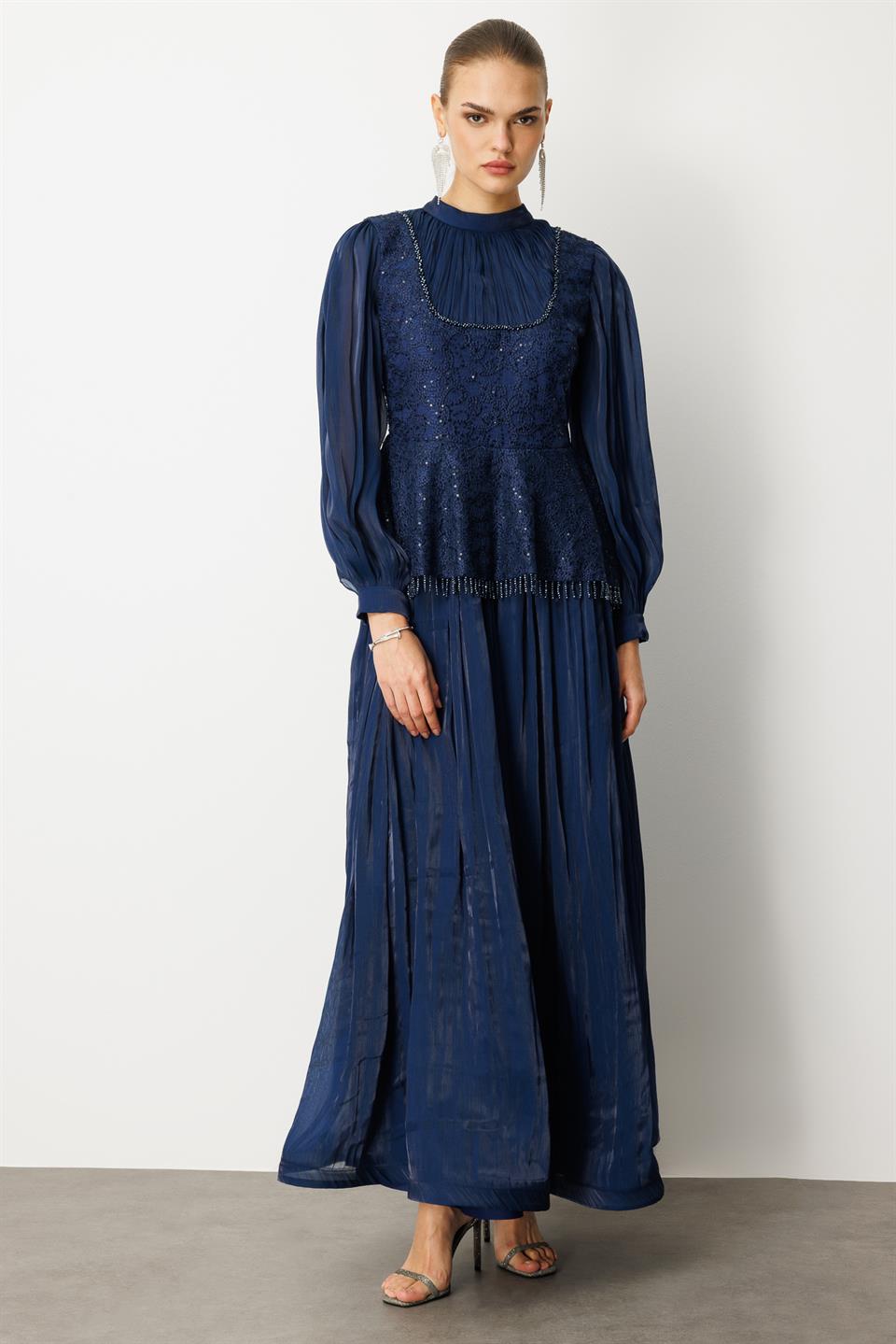 Drape İşlemeli Elbise LACİVERT