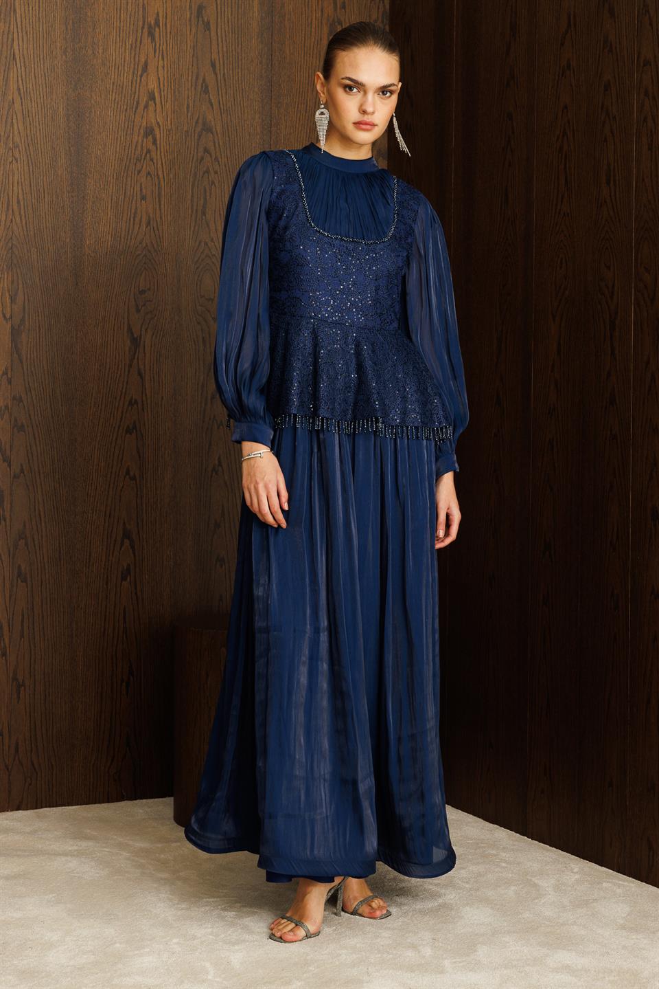 Drape İşlemeli Elbise LACİVERT