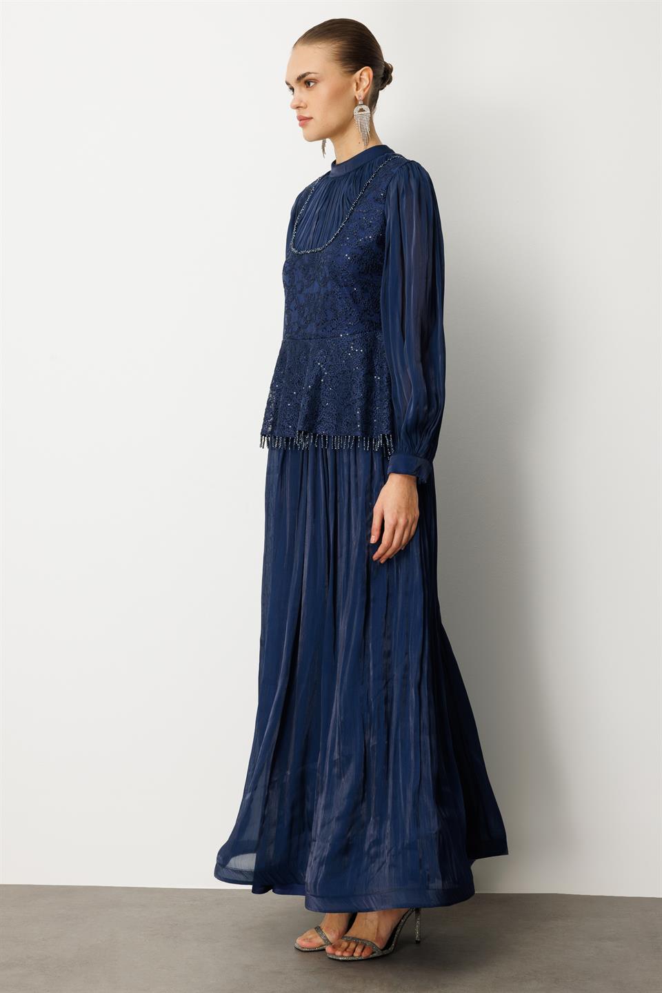 Drape İşlemeli Elbise LACİVERT