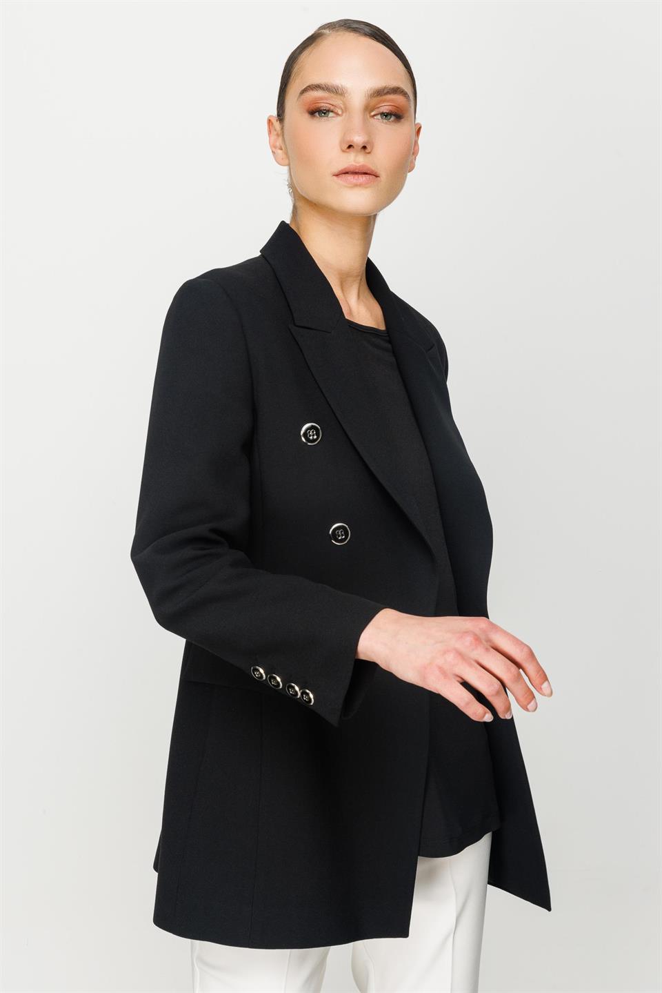 Düğme Detaylı Mono Yaka Ceket SİYAH