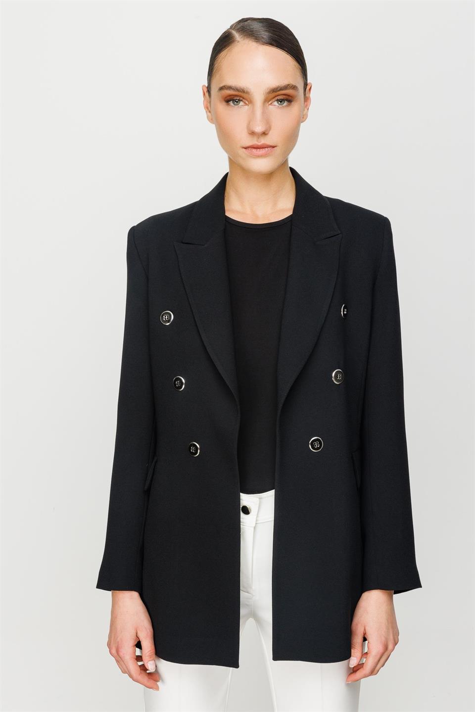 Düğme Detaylı Mono Yaka Ceket SİYAH