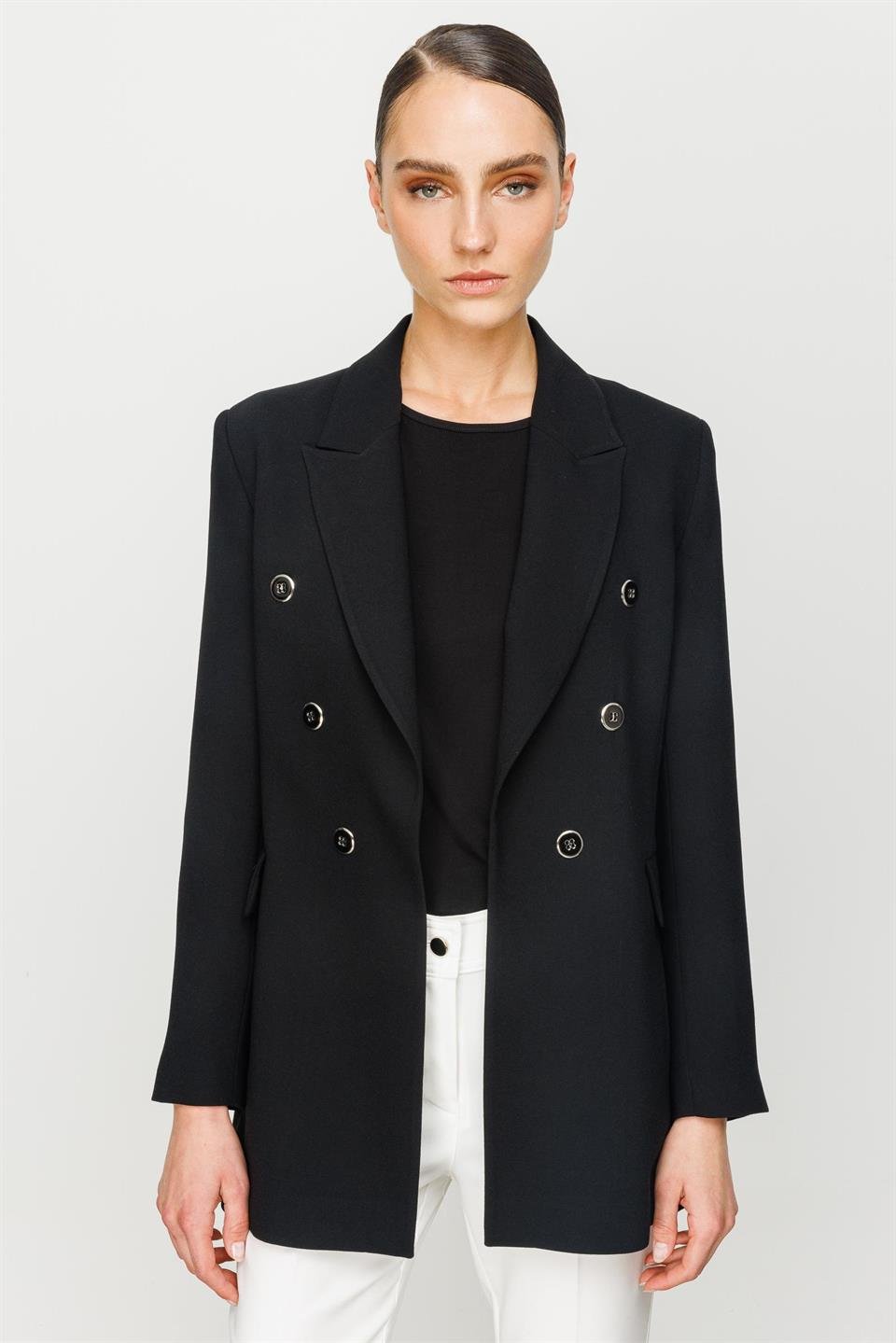 Düğme Detaylı Mono Yaka Ceket SİYAH