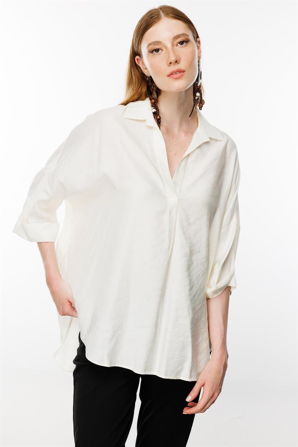 Düşük Kol Oversize Gömlek EKRU
