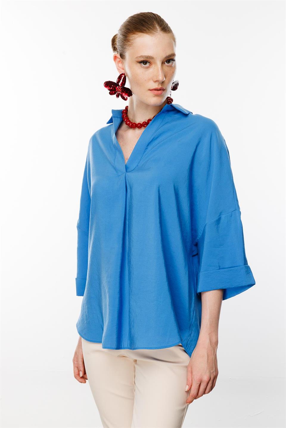 Düşük Kol Oversize Gömlek MAVİ