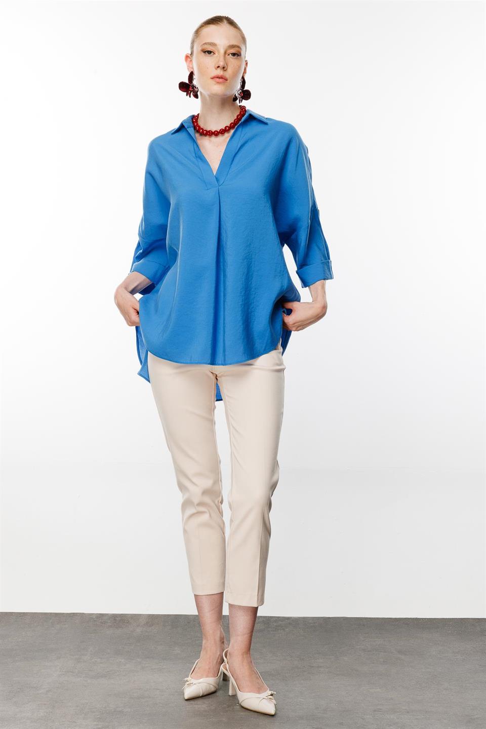 Düşük Kol Oversize Gömlek MAVİ