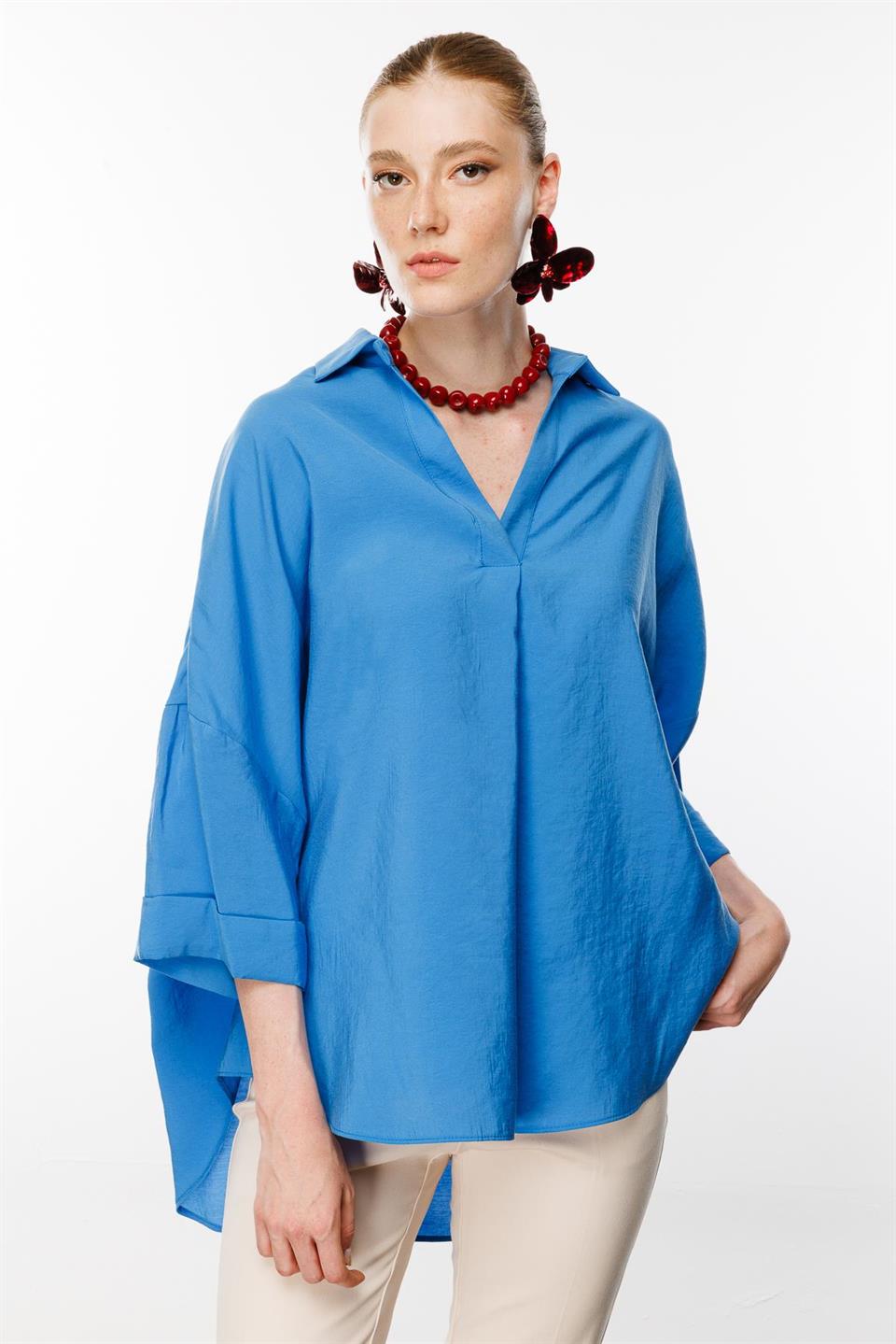 Düşük Kol Oversize Gömlek MAVİ