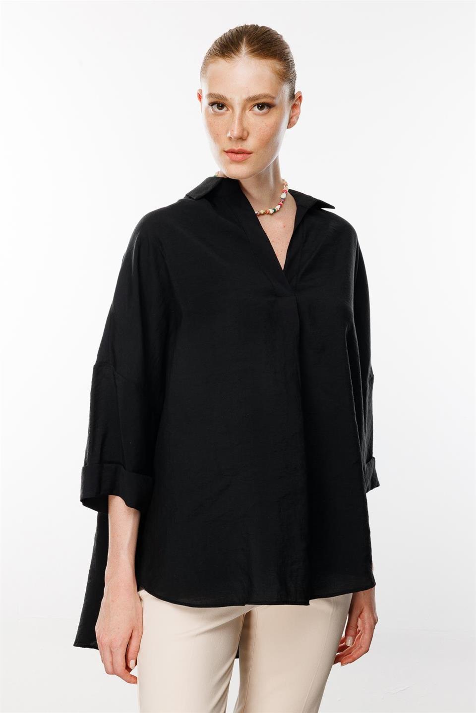 Düşük Kol Oversize Gömlek SİYAH