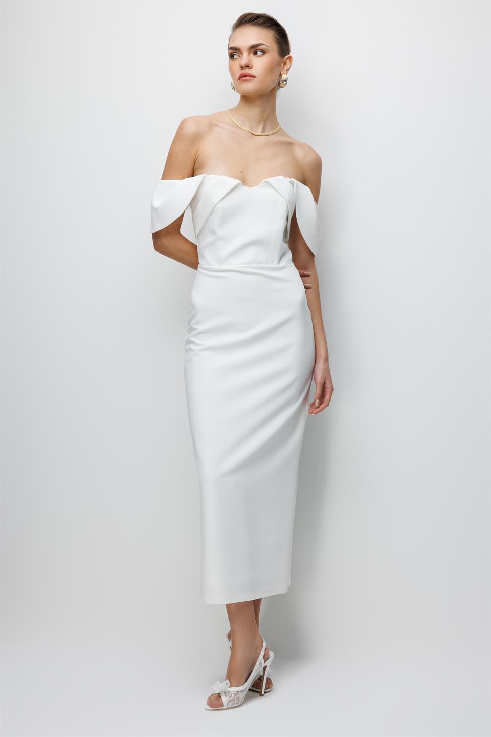 Düşük Omuz Detaylı Abiye Elbise EKRU
