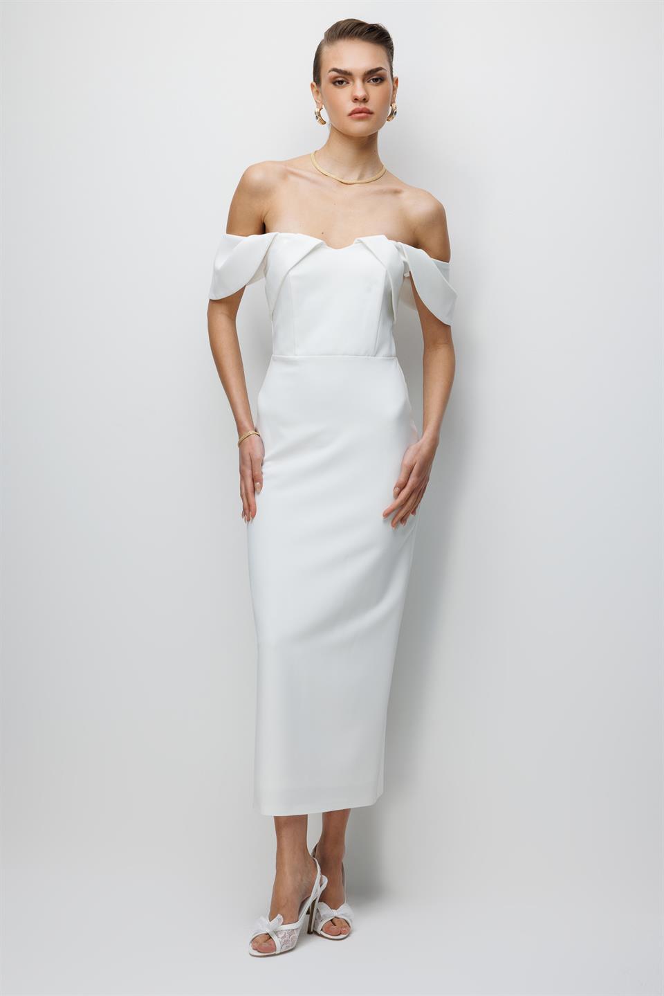 Düşük Omuz Detaylı Abiye Elbise EKRU