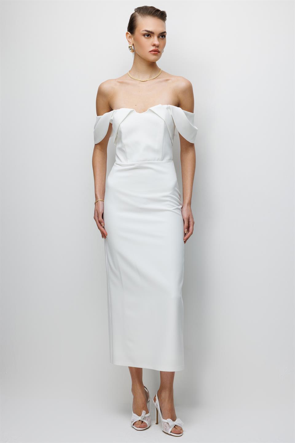 Düşük Omuz Detaylı Abiye Elbise EKRU