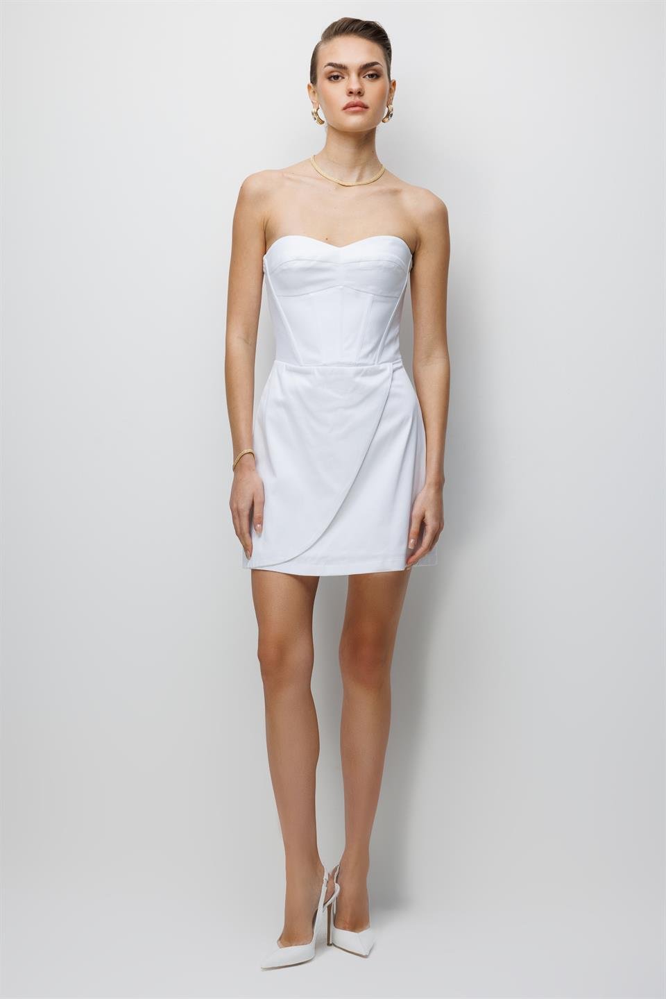 Straplez Yaka Mini Elbise EKRU