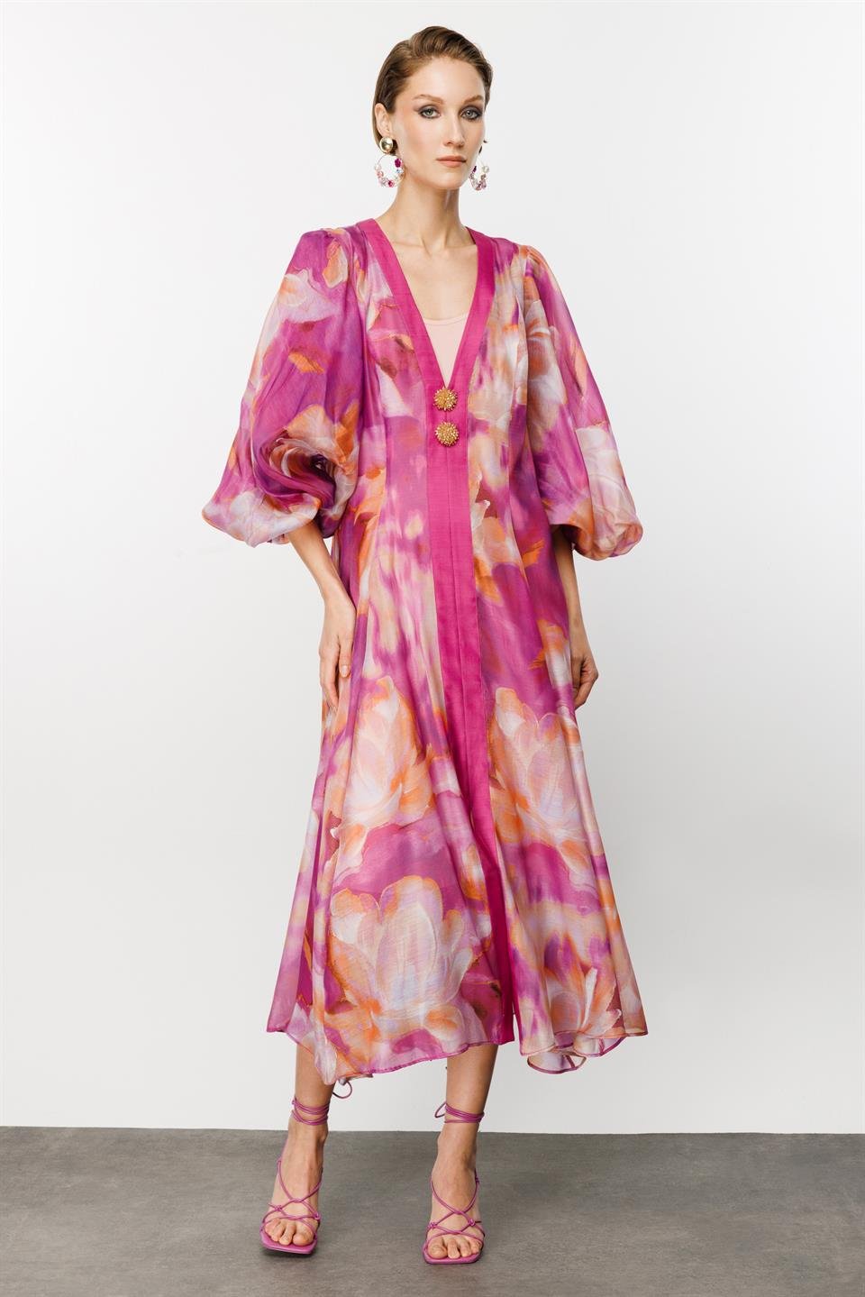 Belt Detailed Floral Pattern Abaya Fuchsia