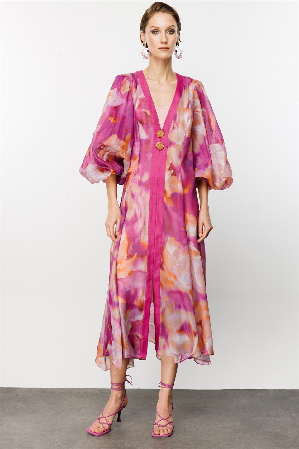 Belt Detailed Floral Pattern Abaya Fuchsia