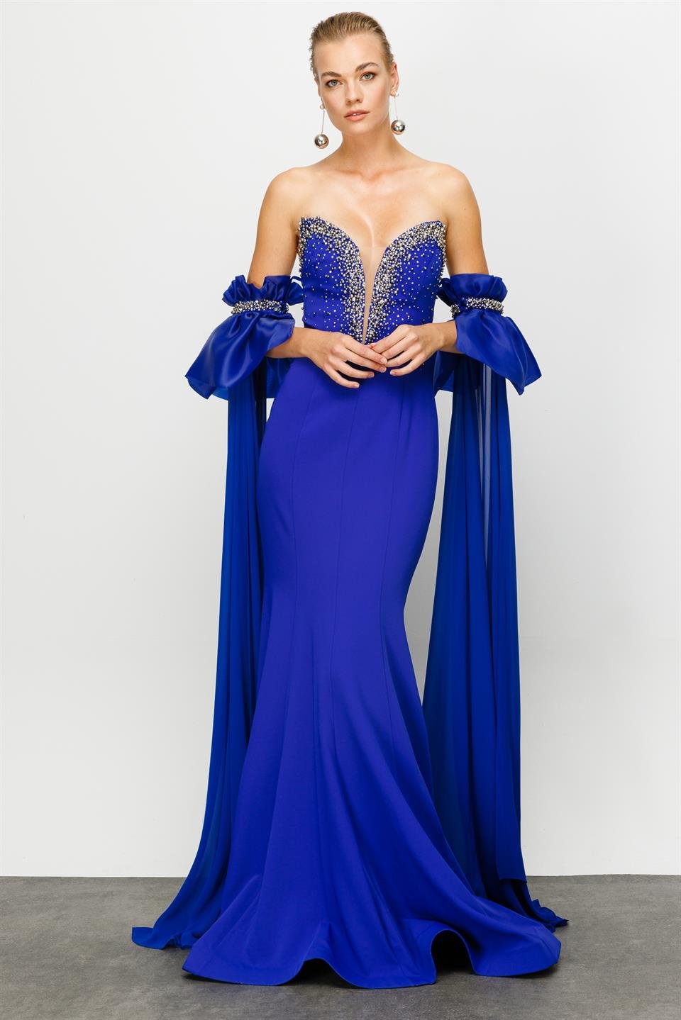 Nefeli Womens Stone Embroidered Fish Model Removable Flounce Dark Blue Evening Dress