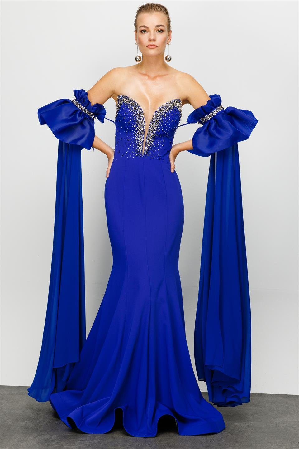 Nefeli Womens Stone Embroidered Fish Model Removable Flounce Dark Blue Evening Dress