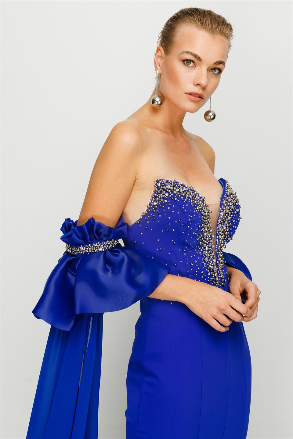 Nefeli Womens Stone Embroidered Fish Model Removable Flounce Dark Blue Evening Dress