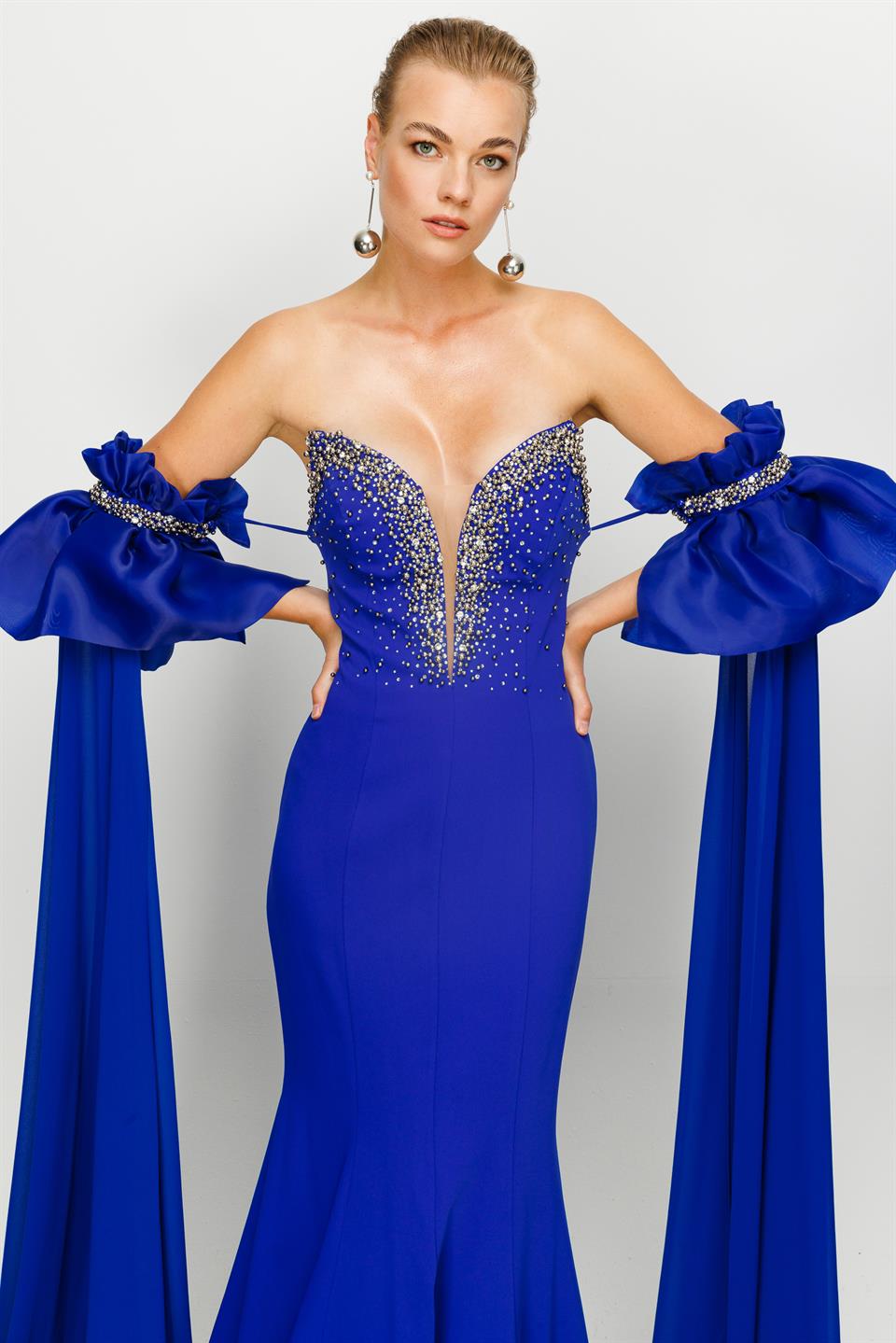 Nefeli Womens Stone Embroidered Fish Model Removable Flounce Dark Blue Evening Dress