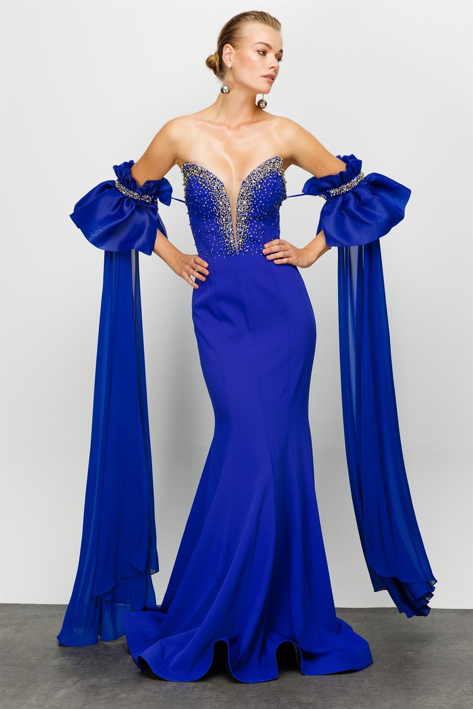 Nefeli Womens Stone Embroidered Fish Model Removable Flounce Dark Blue Evening Dress