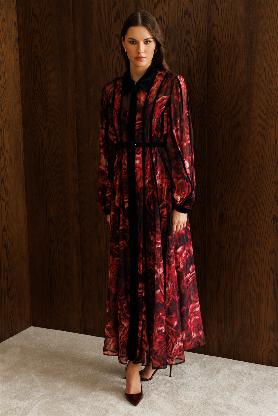 Kadife Şeritli Çiçekli Şifon Maksi Elbise  SİYAH-BORDO