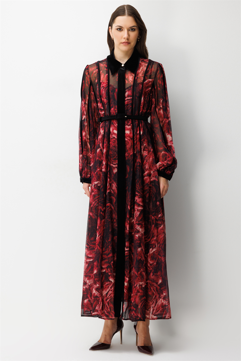 Kadife Şeritli Çiçekli Şifon Maksi Elbise  SİYAH-BORDO