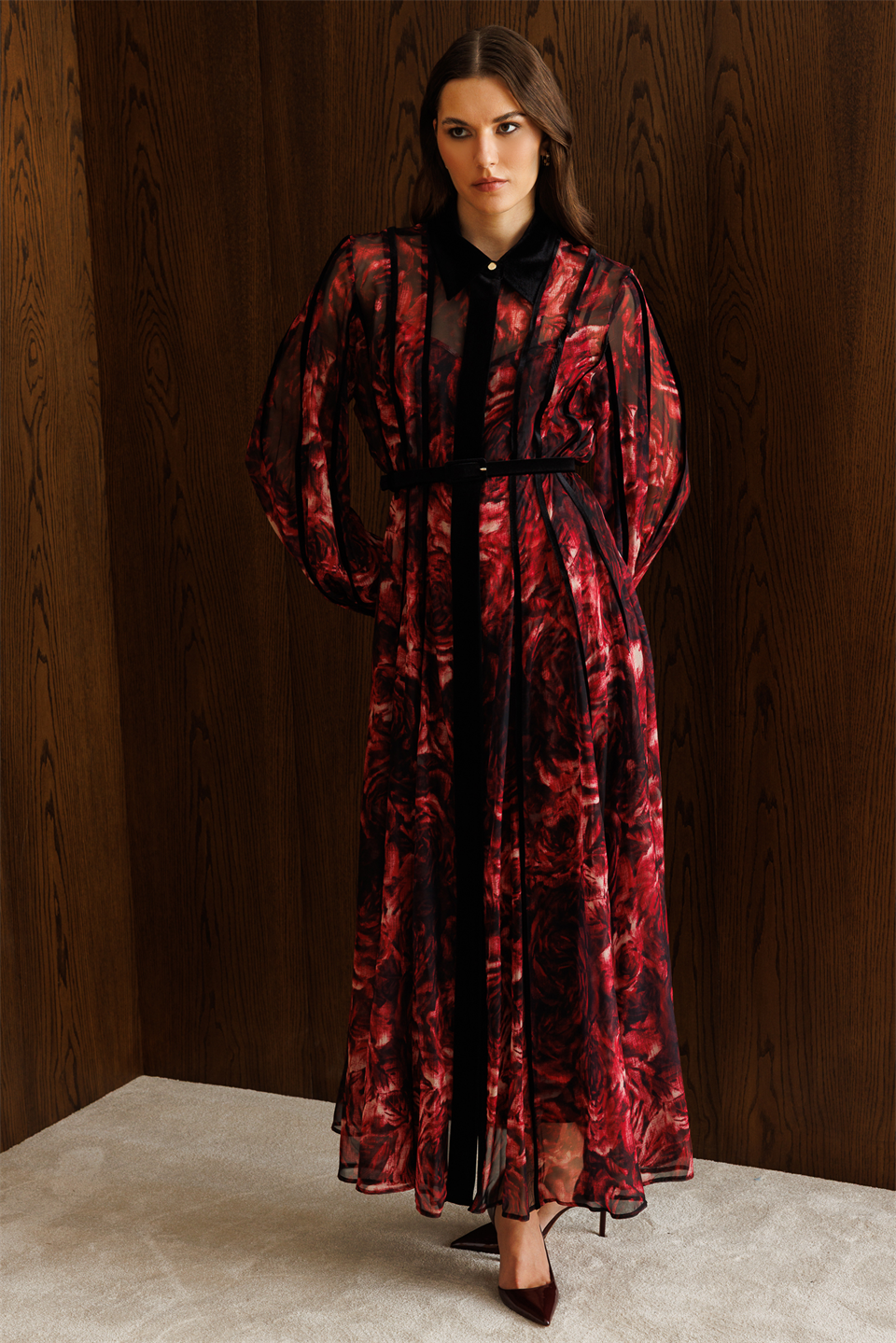 Kadife Şeritli Çiçekli Şifon Maksi Elbise  SİYAH-BORDO