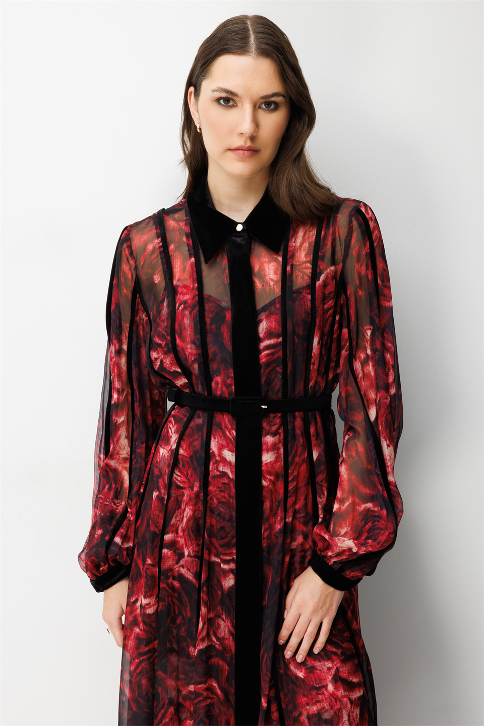 Kadife Şeritli Çiçekli Şifon Maksi Elbise  SİYAH-BORDO