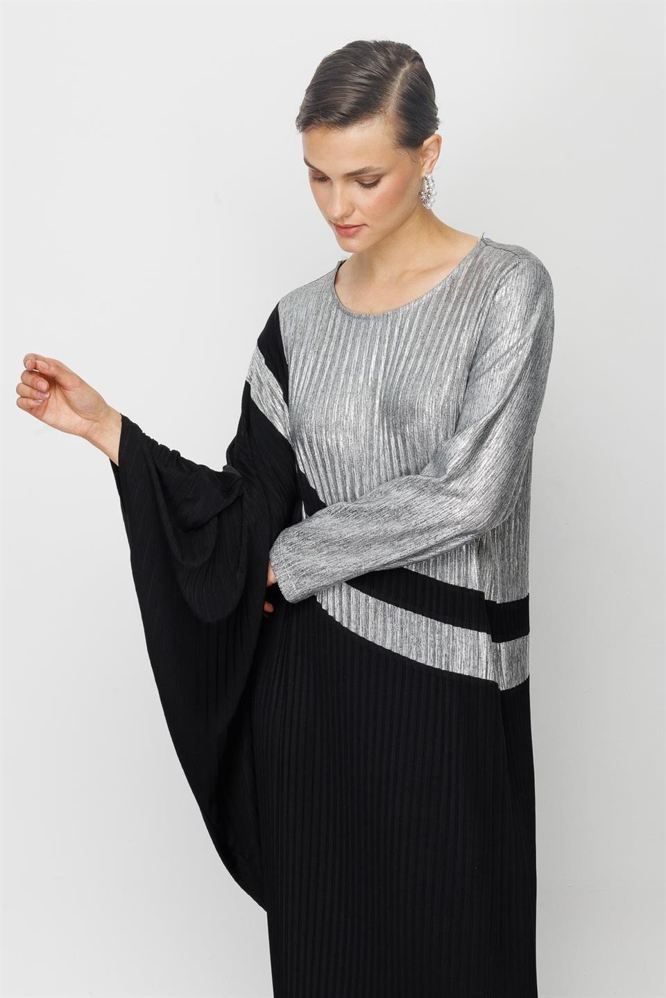 Çift Renkli Yarasa Kol Abaya SİYAH