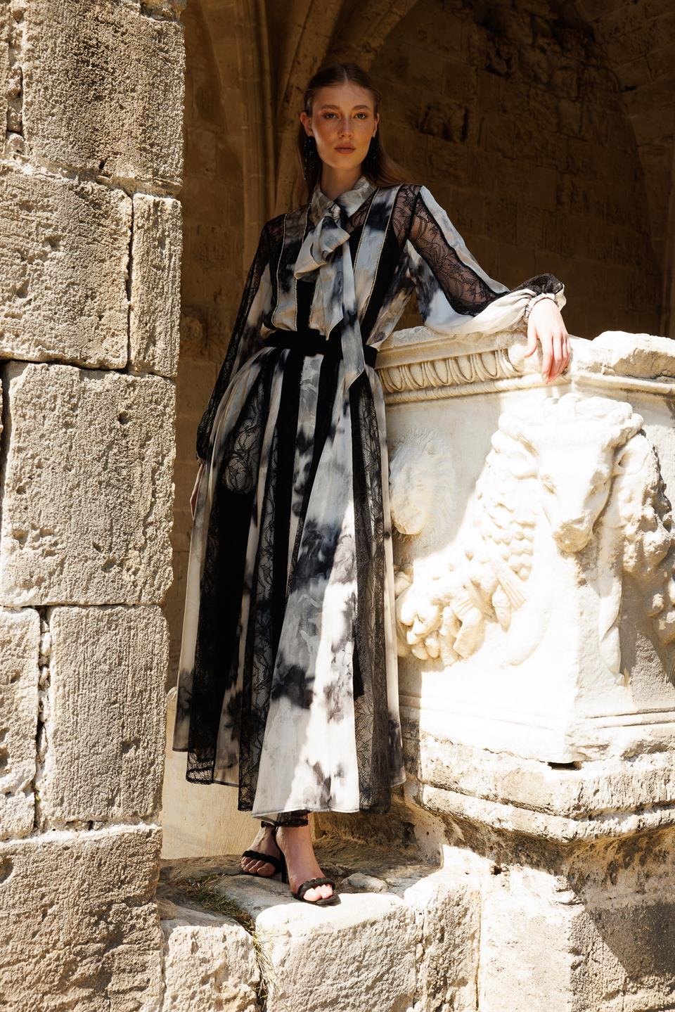 Buttoned and Striped Stone Dress