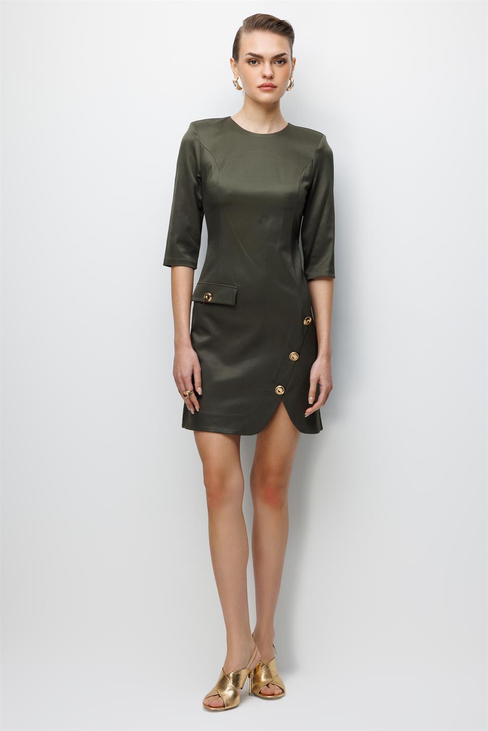 Eteği Aksesuar Detaylı Truvakar Kol Mini Elbise HAKİ