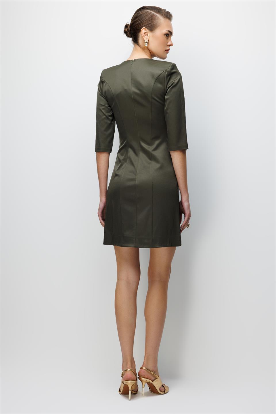 Eteği Aksesuar Detaylı Truvakar Kol Mini Elbise HAKİ