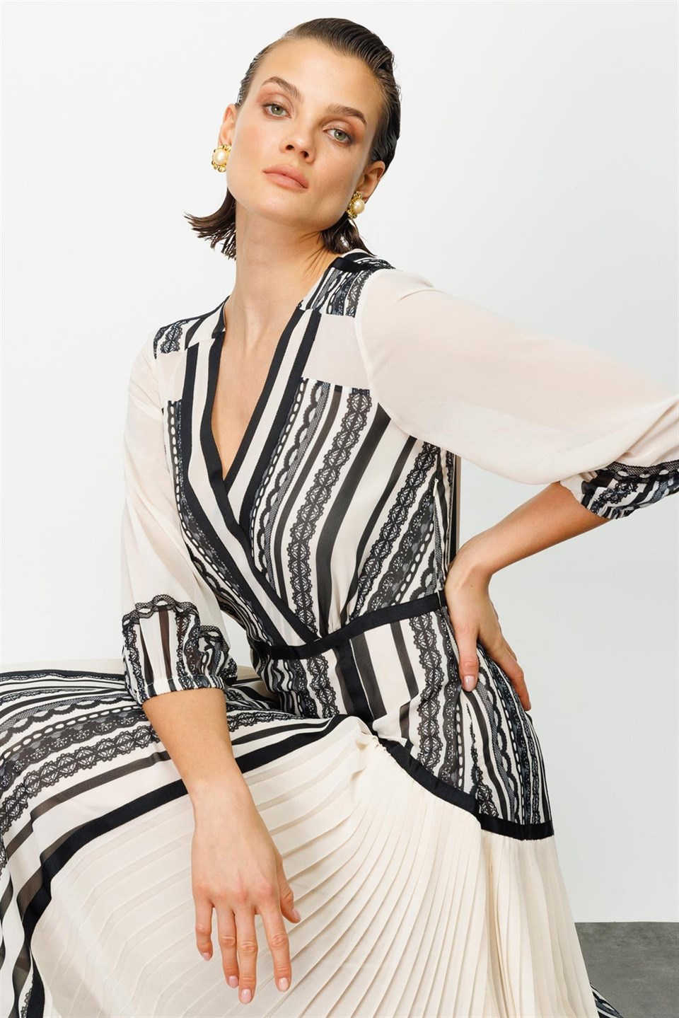 Etnik Şerit Detaylı  Elbise BEJ