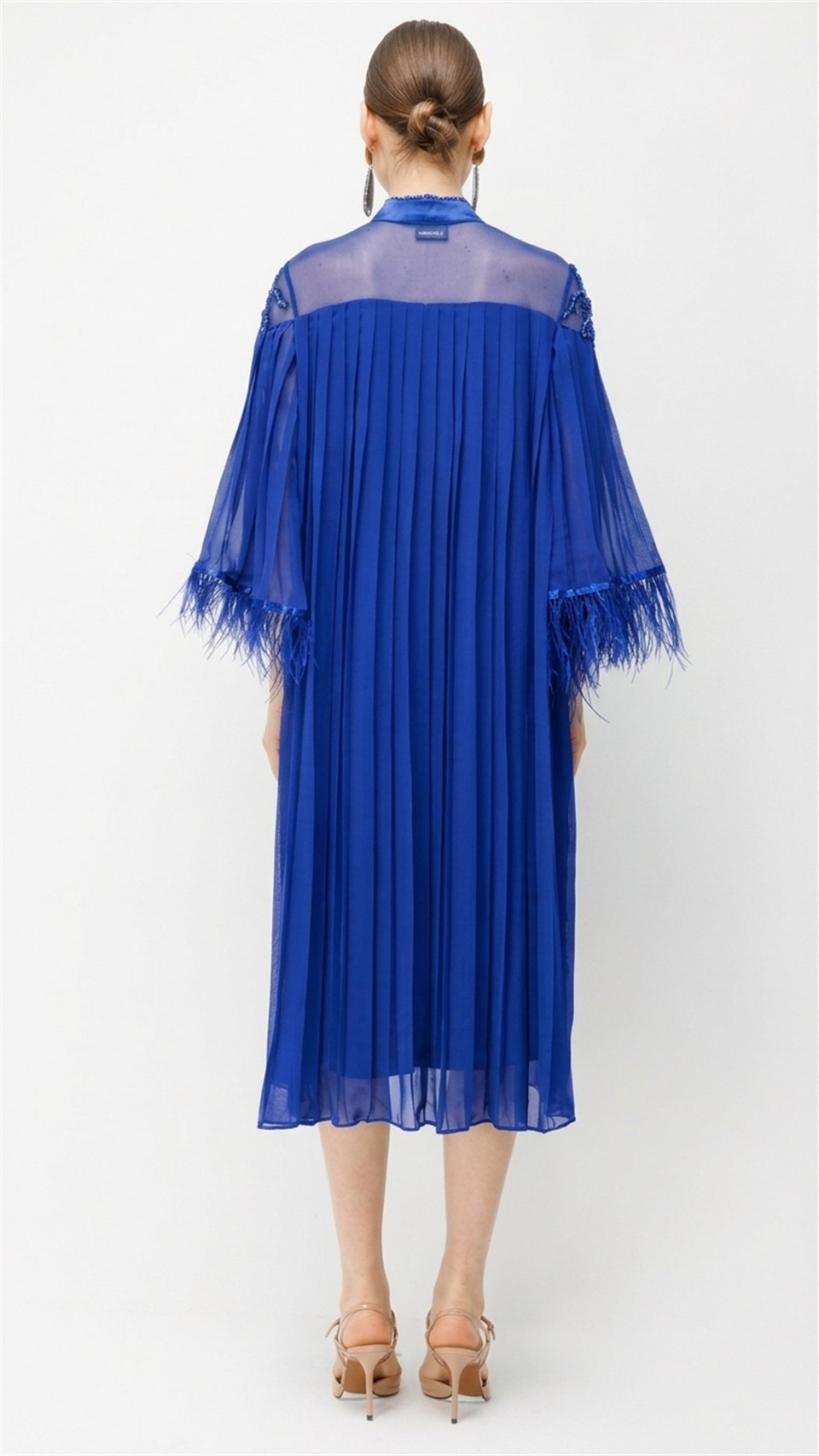 Dress with Pleated Details and Fur-Trimmed Cuffs – Royal Blue