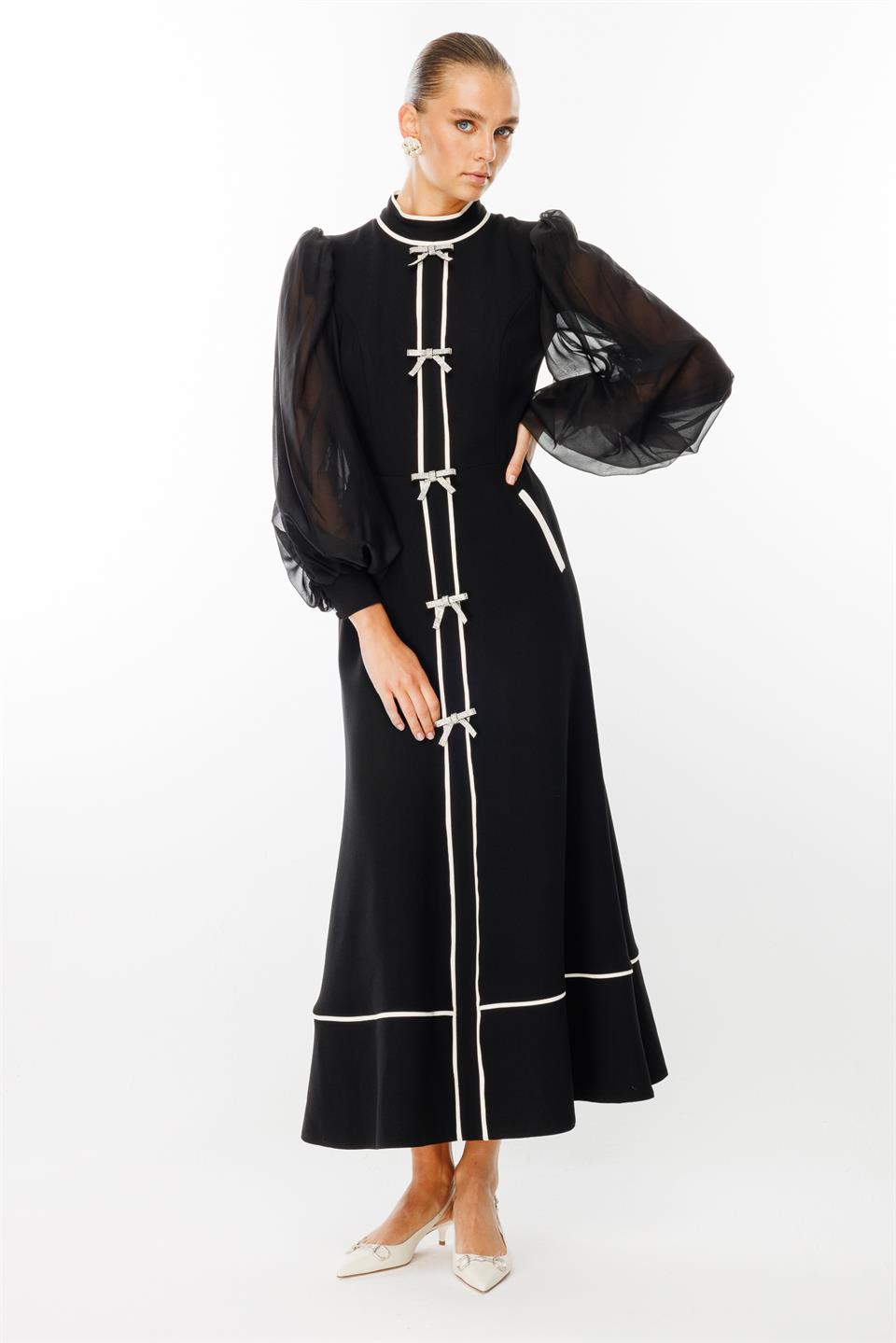 Fiyonk Detaylı Maxi Boy Şifon Kol Elbise SİYAH