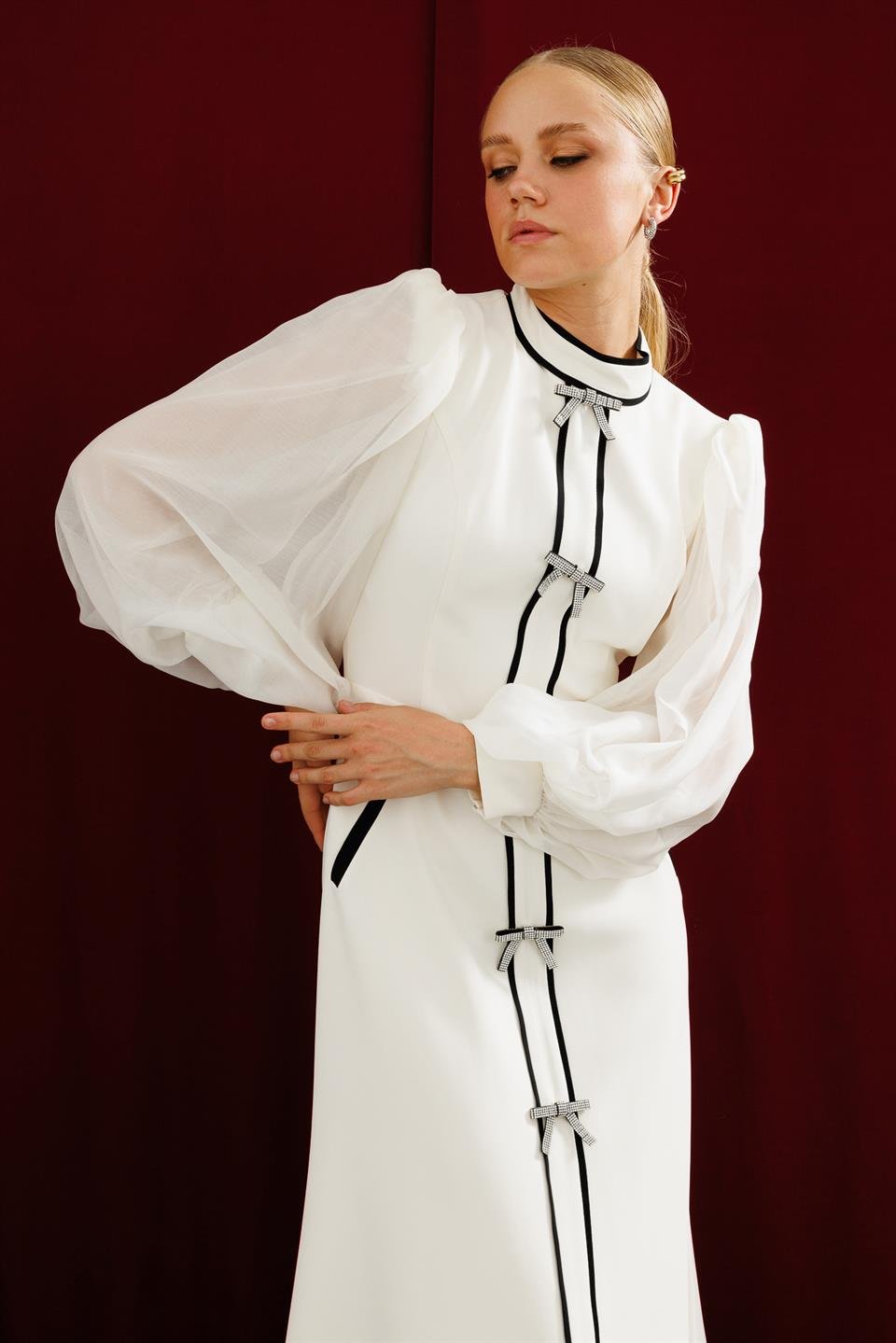 Bow Detailed Maxi Chiffon Sleeve Dress ECRU