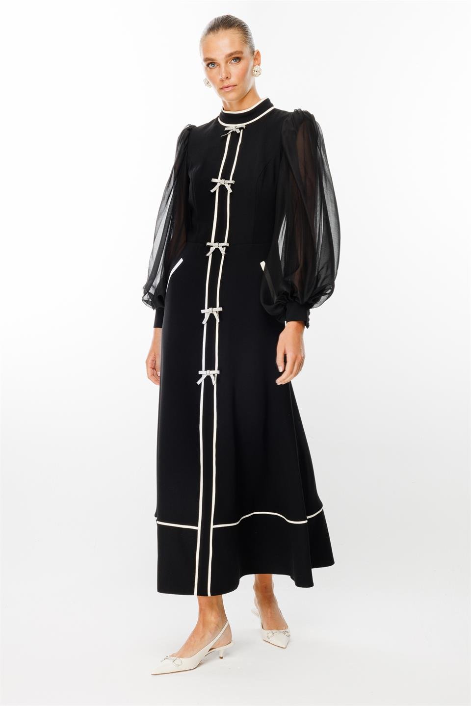 Fiyonk Detaylı Maxi Boy Şifon Kol Elbise SİYAH