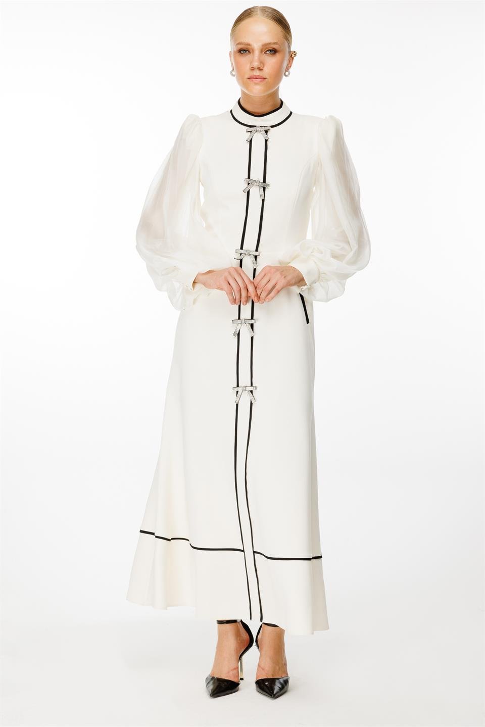 Bow Detailed Maxi Chiffon Sleeve Dress ECRU