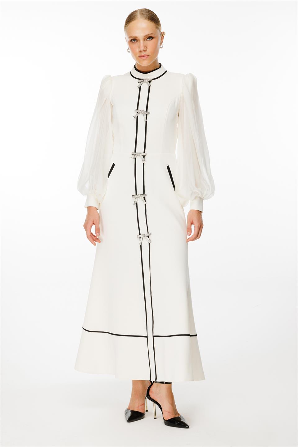 Bow Detailed Maxi Chiffon Sleeve Dress ECRU