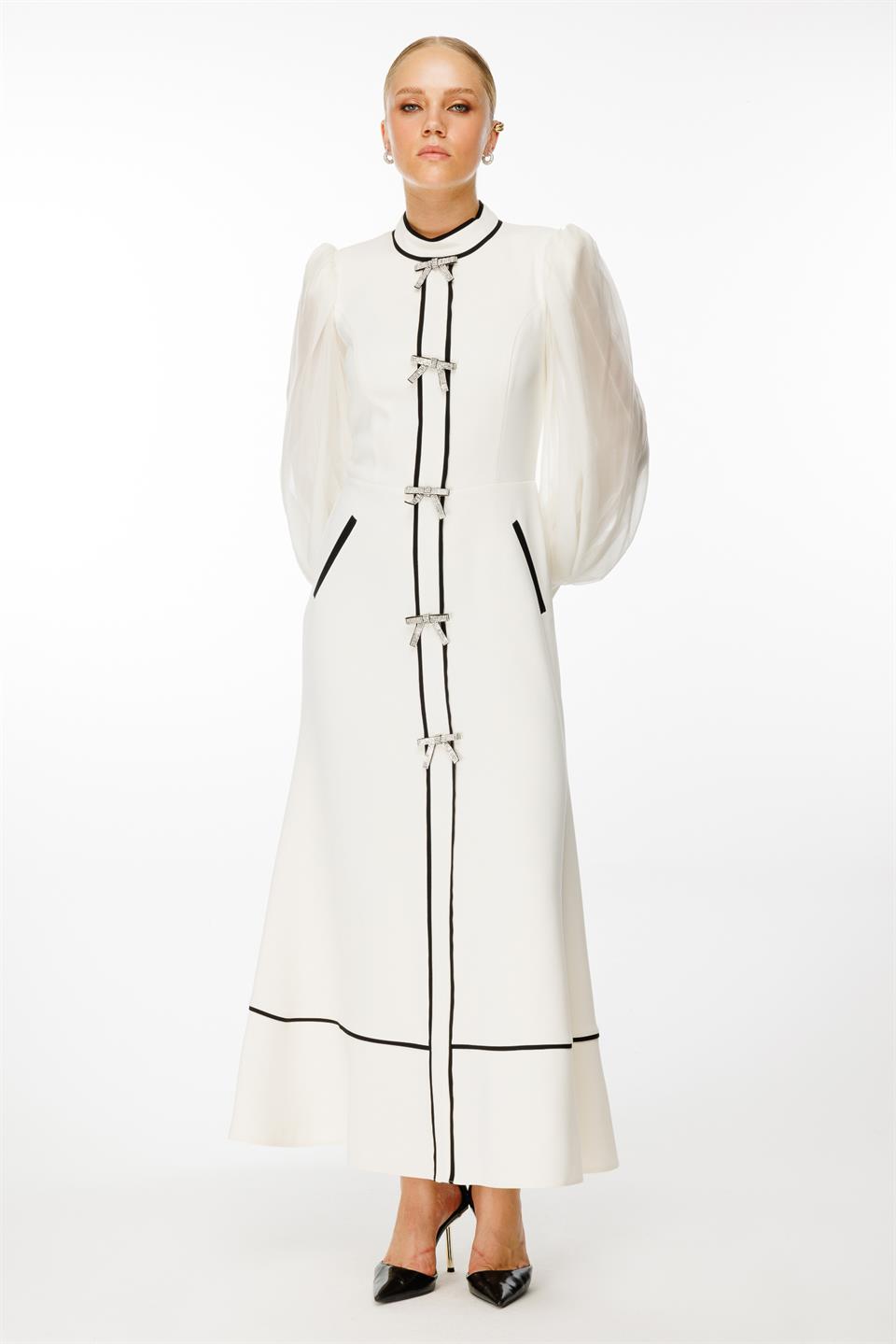 Bow Detailed Maxi Chiffon Sleeve Dress ECRU