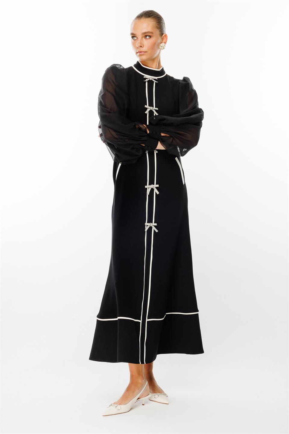 Fiyonk Detaylı Maxi Boy Şifon Kol Elbise SİYAH