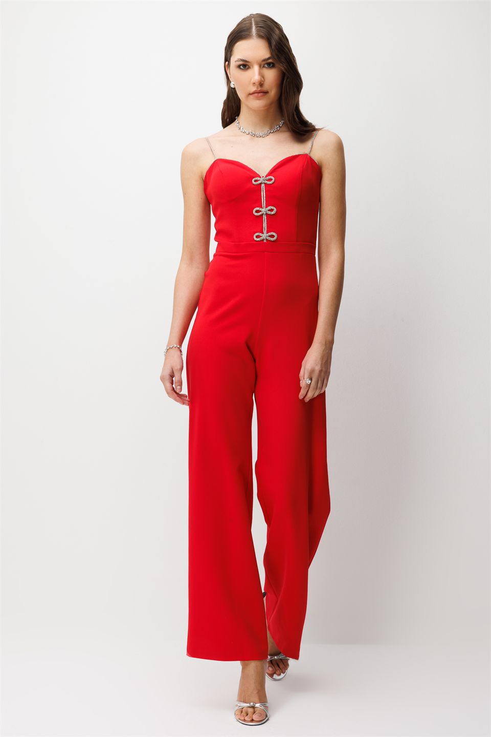 Fiyonk Detaylı Straplez Tulum KIRMIZI