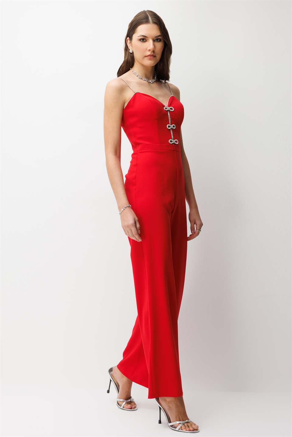 Fiyonk Detaylı Straplez Tulum KIRMIZI