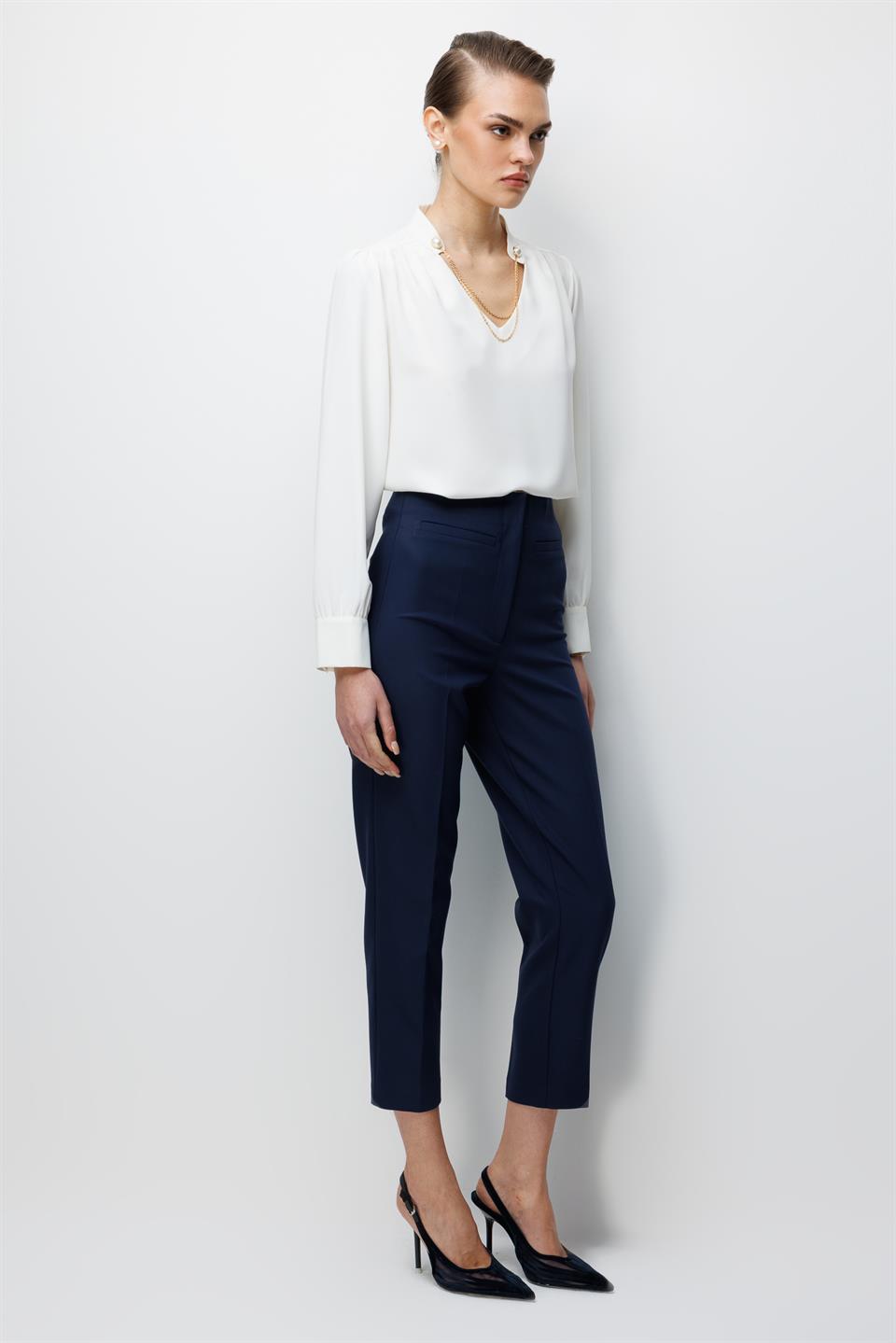 Flat Detail High-Waisted Trousers NAVY BLUE